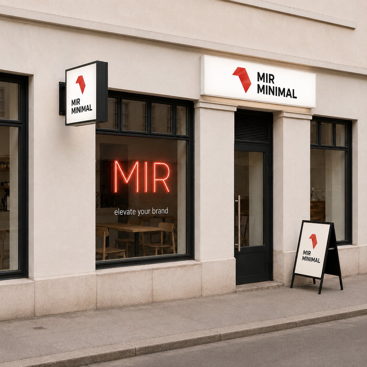 Café signage with the MIR logo: illuminated lightbox sign, facade board and A-frame stand in central Helsinki